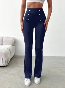 EURMUSE High Waist Button Detail Pants - Navy Blue - View 5