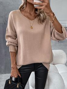 SHEIN LUNE Của phụ nữ Cổ chữ V Thả vai Màu thuần Áo len - Màu Khaki - Xem 7