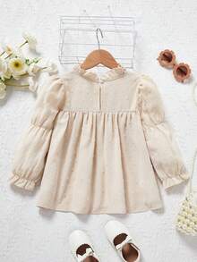 SHEIN 1 Piece Ruffled Stand-up Collar Lotus Knot Small Puff Long-sleeved Cute Simple Casual Street Girl's Shirt - Apricot - View 2