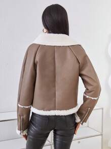 GENKIRA 女款pu皮帶長袖摩托車夾克 - 卡其色 - 查看 2