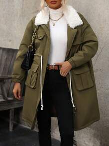 SHEIN LUNE Women's Drawstring Waist Long Padded Padded Coat Clothes Winter With Collar Fall Cloth For Women - Army Green - View 4