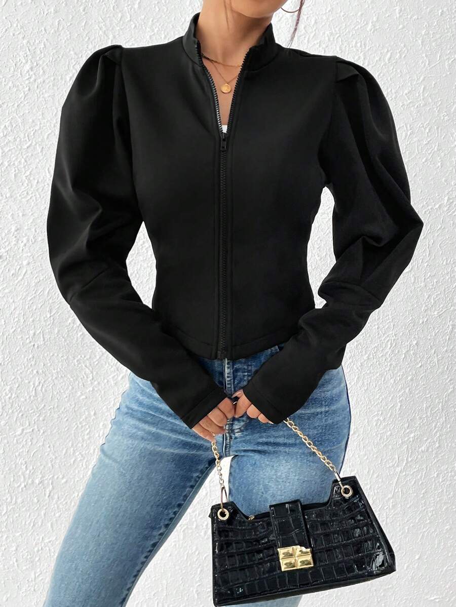 SHEIN Clasi Của phụ nữ Tay áo chân cừu Dây kéo Áo khoác - màu đen - Xem 1