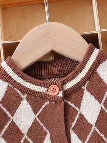 Baby Diamond Pattern Crew Neck Button-front Cardigan - Brown - View 6