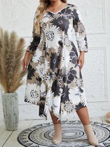 EMERY ROSE Vestido Impresso De Gola Redonda Para Mulheres Plus Size - Caqui - Ver 3