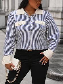 SHEIN Unity Women's Plus Size Striped Color Block Turn Down Collar Shirt - Multicolor - View 6