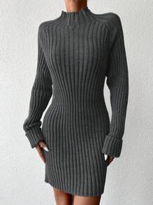 EURMUSE Mock Neck Raglan Sleeve Ribbed Knit Sweater Dress Without Belt - Grey - View 3