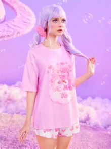 ROMWE X Care Bears Cartoon Heart Print Pajama Set - Pink - View 3