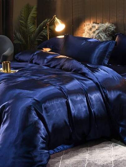 3pcs Solid Color Simulated Silk Polyester Duvet Cover Set