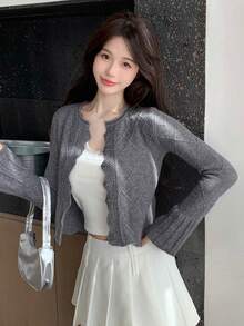 DAZY Women's Lapel Collar Cardigan With Front Buttons - Grey - View 2