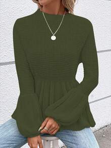 SHEIN LUNE 女款實色燈籠袖毛衣,褶邊下擺設計 - 綠色 - 查看 4