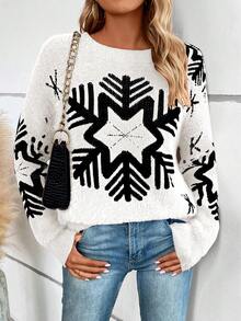SHEIN LUNE Women'S Snowflake Pattern Plush Drop Shoulder Sweater - White - View 5