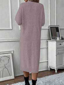 SHEIN Clasi Solid Color Stand Collar Drop Shoulder Long Sleeve Dress - Dusty Pink - View 2