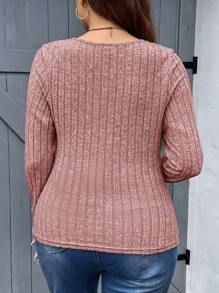 SHEIN Essnce Plus Size Solid Color V-neck Long Sleeve T-shirt - Pink - View 2