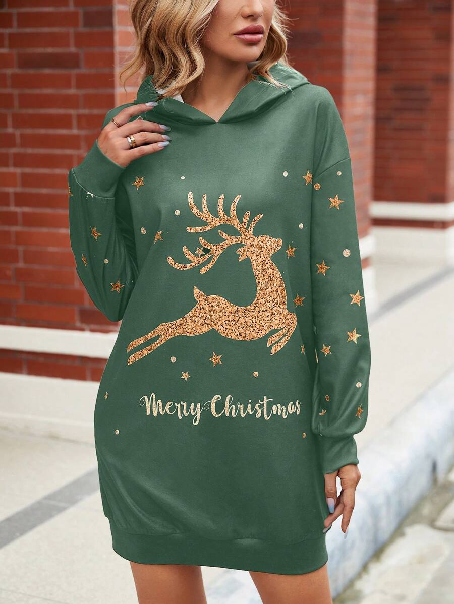 SHEIN LUNE Của phụ nữ In Giáng sinh Thả vai Áo nỉ có mũ - màu xanh lá - Xem 1