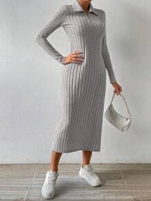 SHEIN Essnce 女士純色鬆緊身連身裙,帶口袋和半拉鍊 - 灰色 - 查看 6