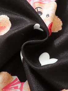 女婴熊印花半高领T恤搭配牛仔效果下摆喇叭裤两件套服装 - 黑色 - 查看 5