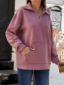 EURMUSE Kangaroo Pocket Drop Shoulder Sweatshirt - Pink - View 4
