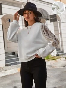 EURMUSE 蕾絲拼接插肩袖運動衫 - 白色 - 查看 1