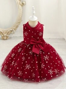 Little Girls' Snowflake And Bow Knot Detail Sleeveless Party Dress - Burgundy - View 1