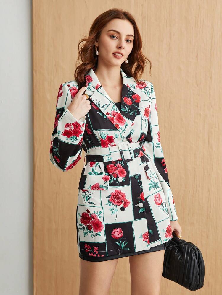 Women's Floral Print Belted Blazer