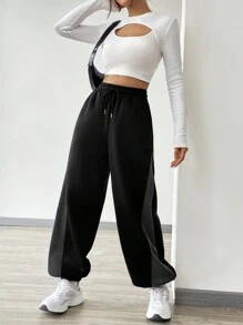 SHEIN Unity 女性綁帶休閒運動長褲,配有對比色飾邊 - 黑色 - 查看 5