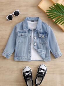SHEIN Vintaside Kids Baby Girl Neutral Casual Basic Daily Light Wash Button Fastening Denim Jacket - Light Wash - View 1