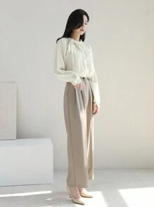 DAZY 纯色女士衬衫，带领带，长袖 - 白色 - 查看 6