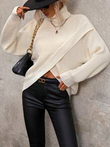 SHEIN LUNE 不对称下摆高领针织套头衫秋冬毛衣 - 米色 - 查看 1