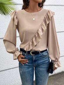 SHEIN LUNE Women's Ruffle Hem Back Button Shirt - Khaki - View 3