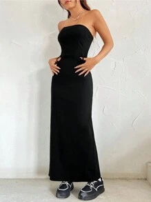 SHEIN EZwear 女式無肩帶無腰帶連身裙 - 黑色 - 查看 4