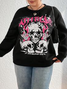 Flirla Plus Size Skull And Text Print Pullover Sweatshirt