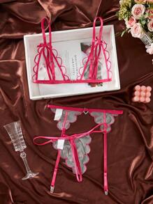 Pure Desire 女式粉紅蕾絲蝴蝶結細肩帶內衣套裝(無鋼圈胸罩、丁字褲、吊襪帶),3 件/套 - 玫紅色 - 查看 2