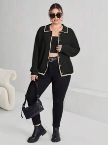 SHEIN Essnce Plus Size Colorblock Edging Cardigan - Black - View 6