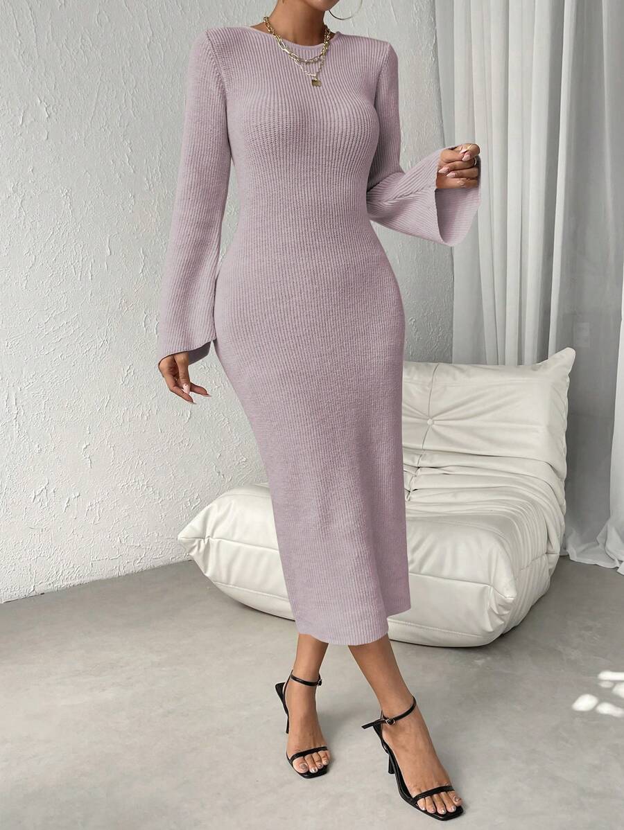 Chiquease Vestido Ajustado De Suéter Con Mangas Acampanadas - Morado - Ver 1