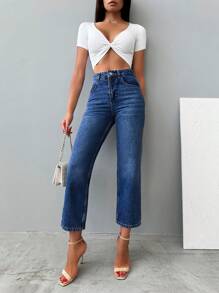 EURMUSE 純色休閒直筒牛仔褲 - 藍色 - 查看 5