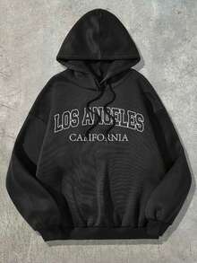 SHEIN EZwear Women's Plus Size Letter Printed Hooded Sweatshirt With Drawstring - Black - View 3