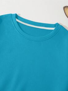 SHEIN Essnce Solid Color Slouchy Drop Shoulder Short Sweatshirt With Round Neck - Baby Blue - View 3