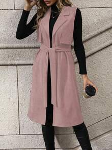 EMERY ROSE Solid Color Sleeveless Jacket With Waist Belt - Pink - View 5