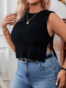 Calvaya Plus Size Knitted Short Top With Side Strap Detail - Black - View 4