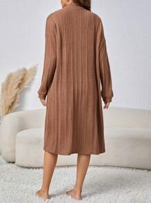 女式纯色无袖连衣裙和休闲开衫家居服套装 - 棕色 - 查看 2