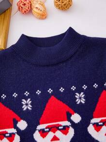 SHEIN 小女孩聖誕老人和雪花圖案立領毛衣 - 藏蓝色 - 查看 3