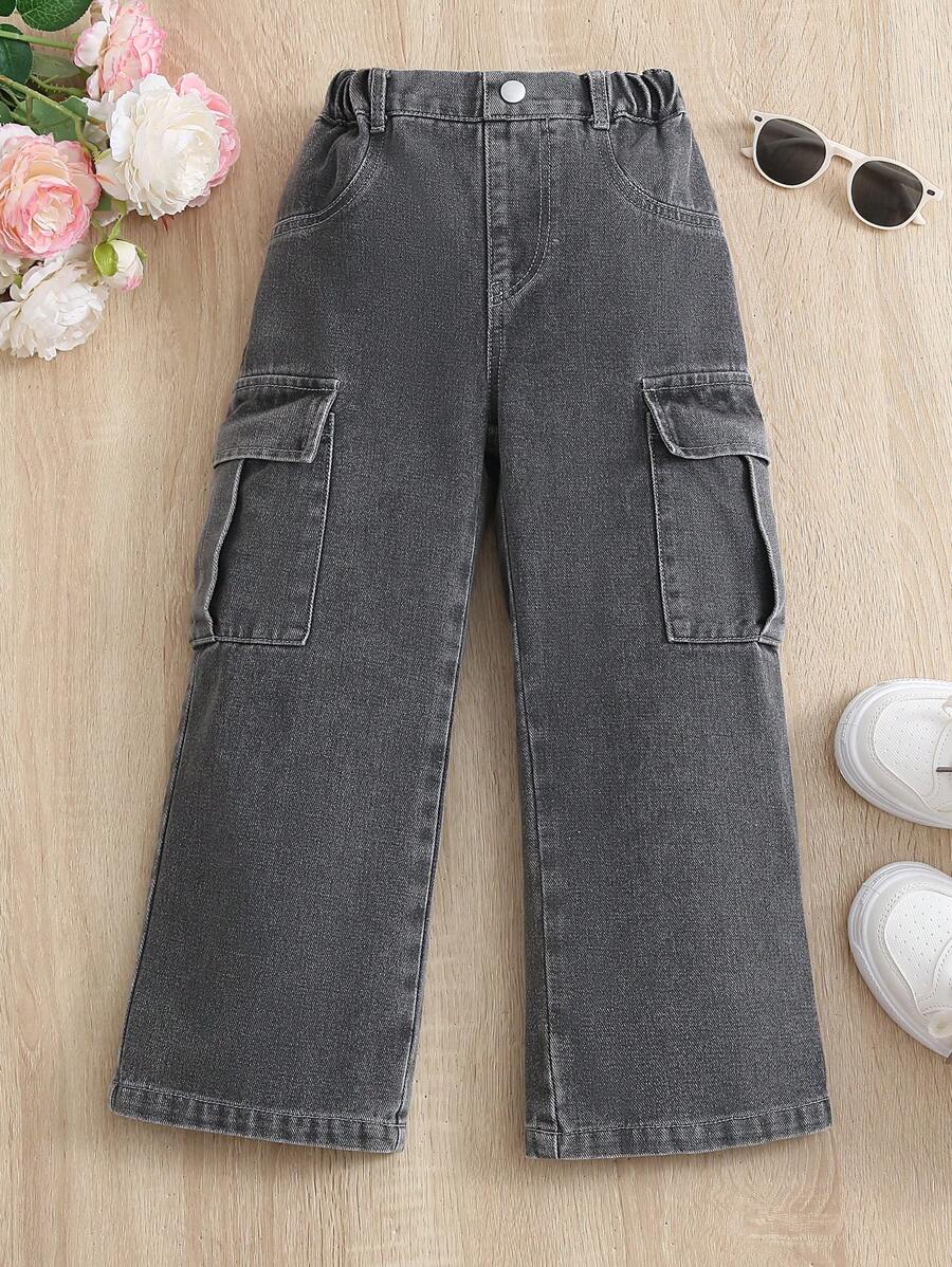 SHEIN Young Girl Street Style Sweet And Cool Wide Leg Denim Pants With Big Pockets Summer Holiday - Black - View 1