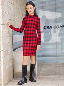 SHEIN 女童學院格紋立領長袖及膝裙