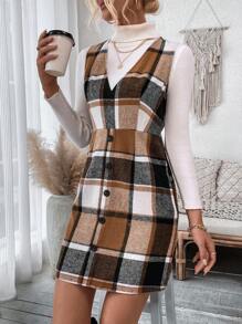 SHEIN LUNE Plaid Button Decorated Dress - Multicolor - View 6