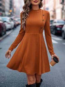 SHEIN Clasi Button Decorated Half High-collar Long Sleeve Dress - Orange - View 1