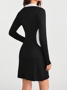 Tennis Casual Women's Spring And Autumn New Contrast Color Stretchy Dress That Shows Elegant And High Sense - Black and White - View 2