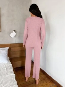 RueChic 花卉与口号图案罗纹针织 T 恤和裤子休闲套装 - 粉色 - 查看 2