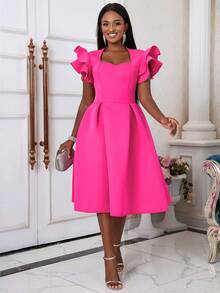 Women's Sweetheart Neck Ruffle Hem Flare Hem Party Graduation Dress With Short Bell Sleeves Wedding Elegant Spring - Hot Pink - View 7