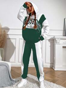 SHEIN Unity 女拼色字母印花運動休閒 2 件套 - 墨綠色 - 查看 4