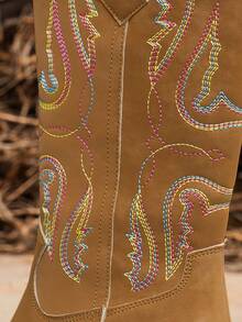 Styleloop 女款西部風格刺繡釦式靴,厚跟適用於戶外活動,咖啡色 - 棕色 - 查看 7